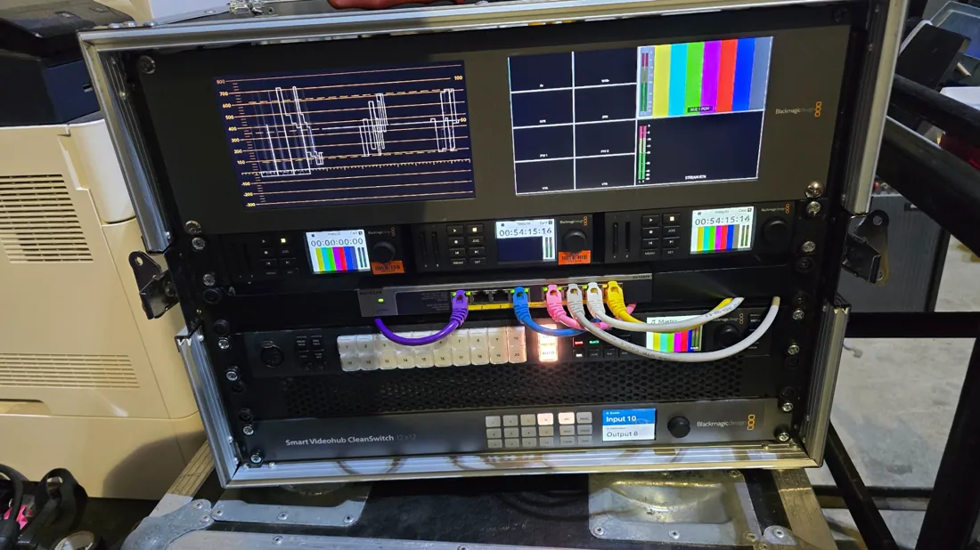 Portable GRT video fly rack with monitoring, recording and routing
